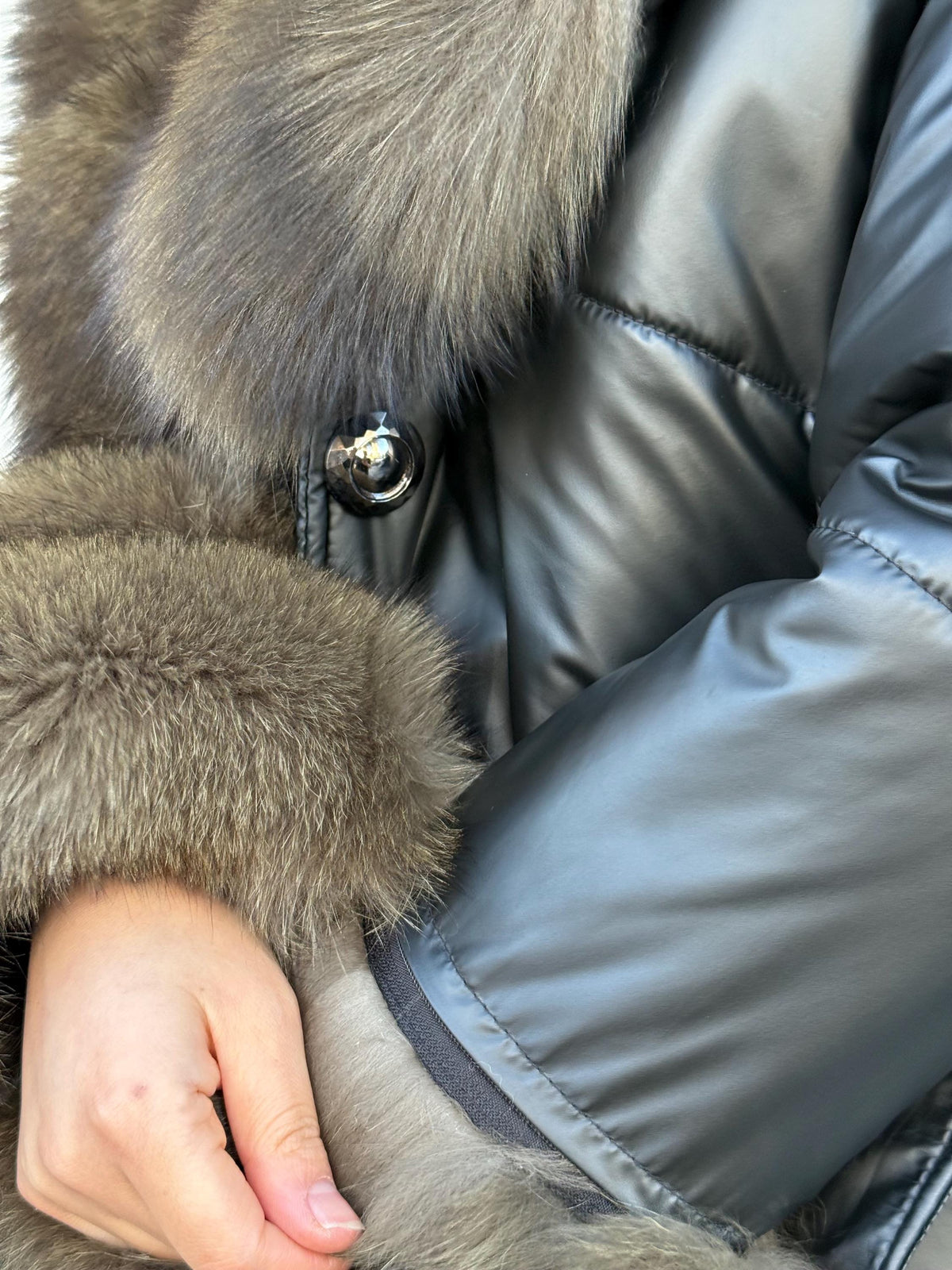 Glam Black Puffer Coat, Women’s Handmade Short Collar Cuffs Fox Fur Jacket