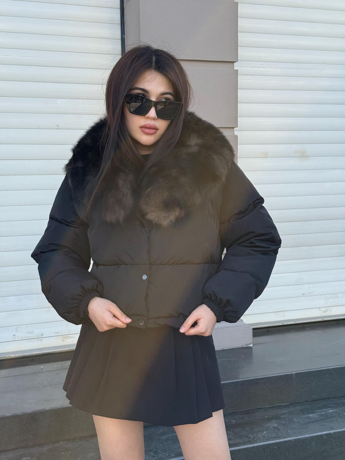 Women’s Black Short Puffer Coat: Collar Detachable Sable Color Fox Fur Jacket