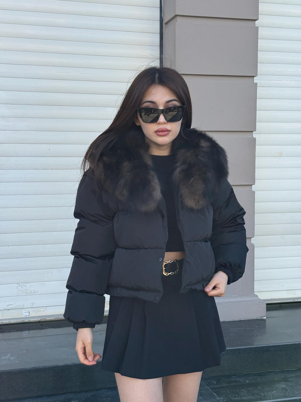 Women’s Black Short Puffer Coat: Collar Detachable Sable Color Fox Fur Jacket