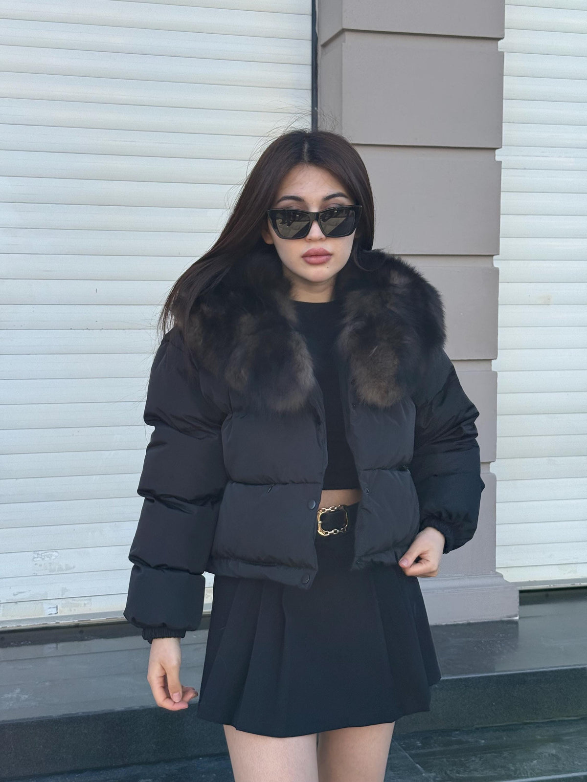 Women’s Black Short Puffer Coat: Collar Detachable Sable Color Fox Fur Jacket