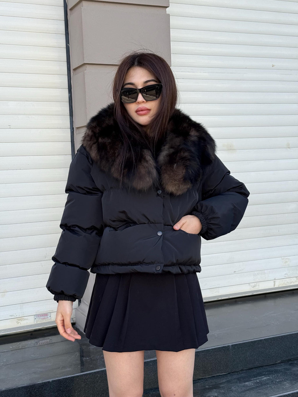 Women’s Black Short Puffer Coat: Collar Detachable Sable Color Fox Fur Jacket