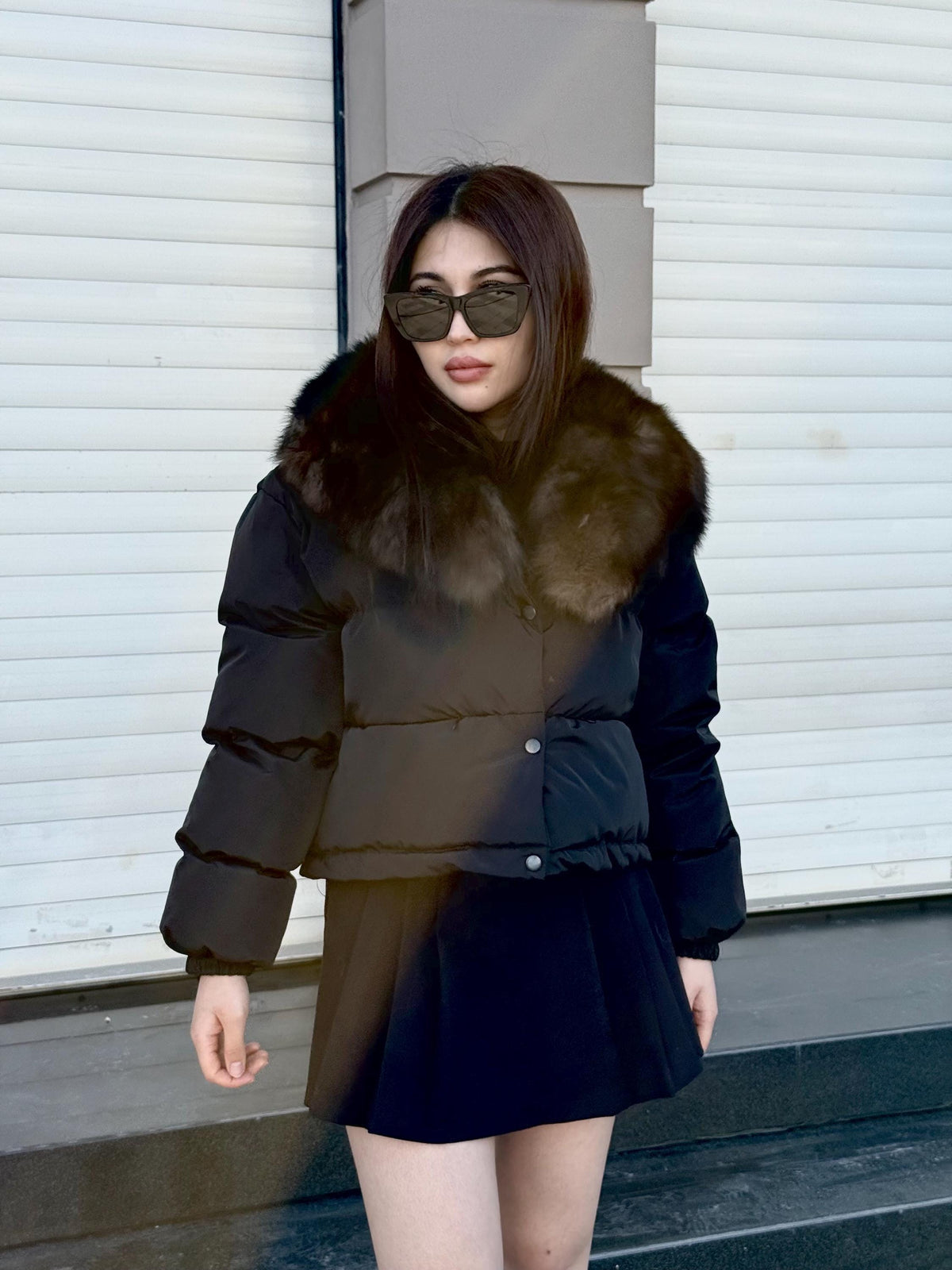 Women’s Black Short Puffer Coat: Collar Detachable Sable Color Fox Fur Jacket
