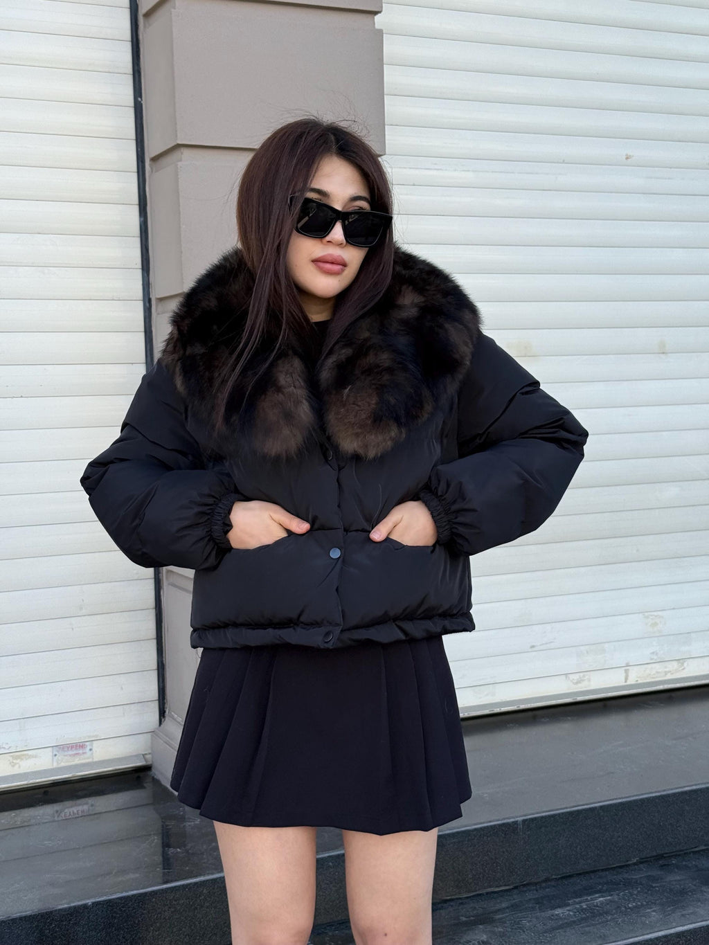 Women’s Black Short Puffer Coat: Collar Detachable Sable Color Fox Fur Jacket