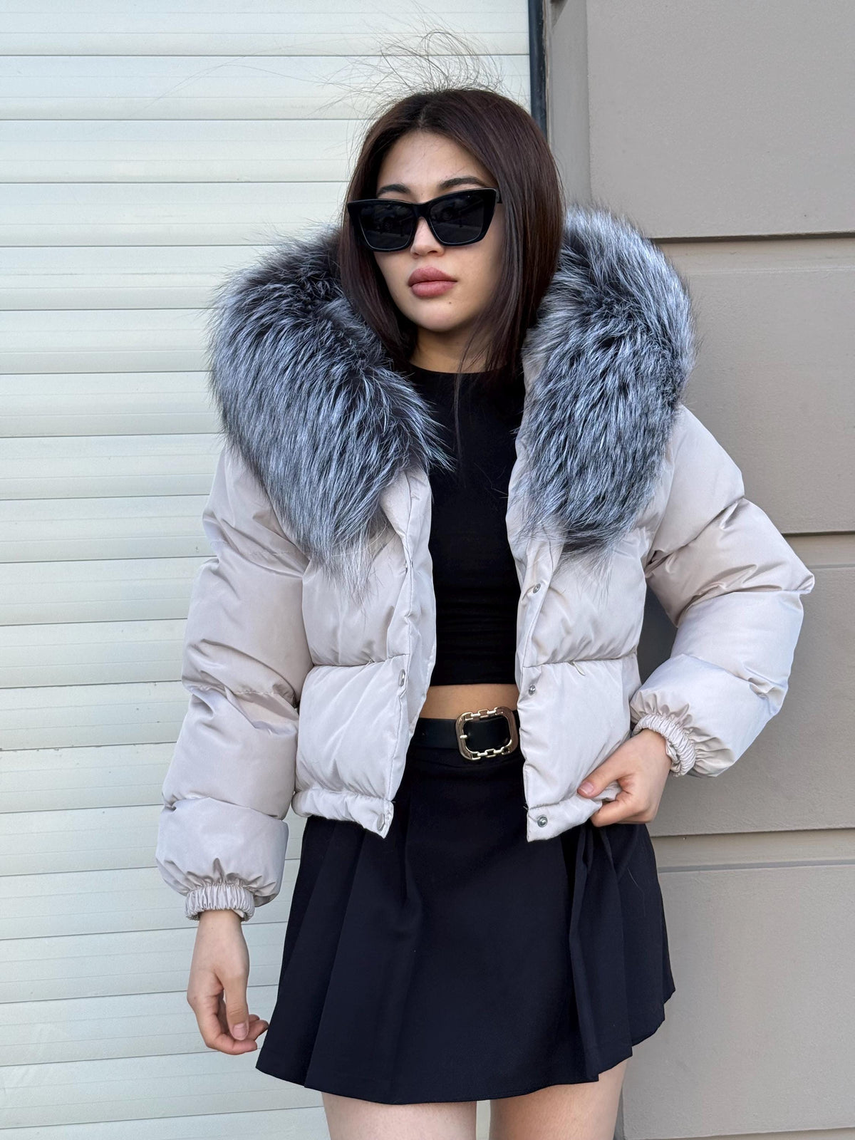 Women’s Beige Short Puffer Coat: Handmade Hood - Frost Fox Fur Jacket