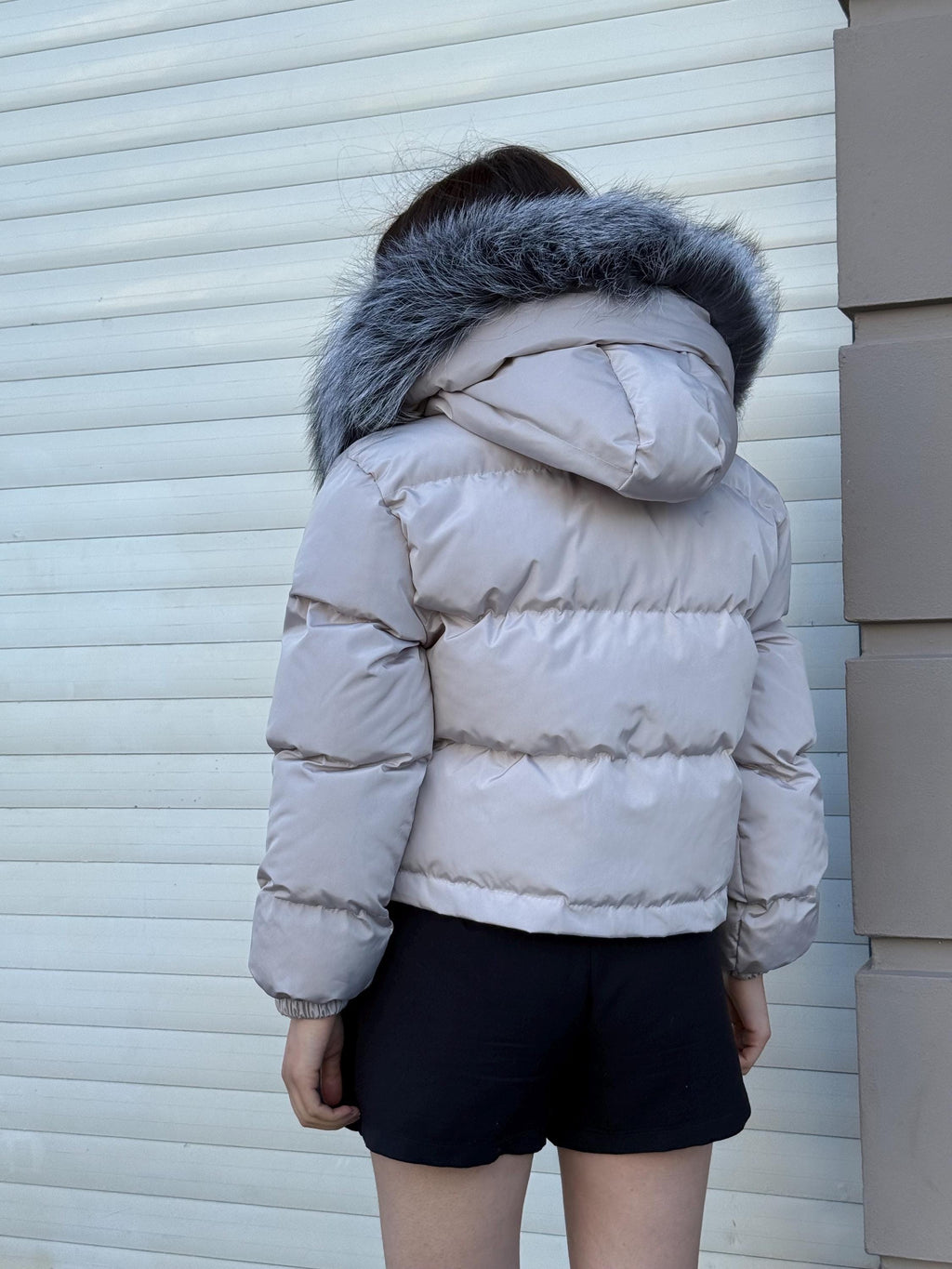 Women’s Beige Short Puffer Coat: Handmade Hood - Frost Fox Fur Jacket