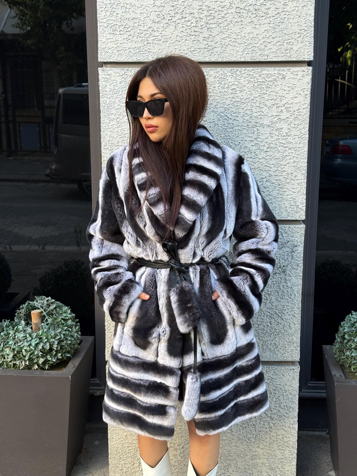 Gray Rex Fur Coat, Luxury Women’s Chinchilla Pattern Rabbit Fur Jacket