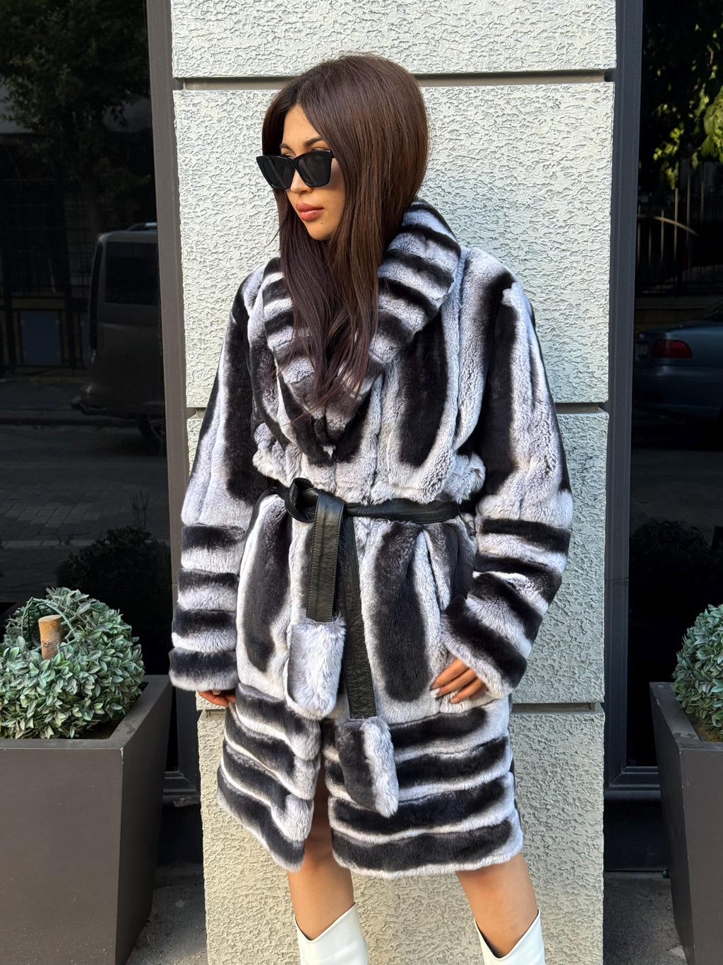 Gray Rex Fur Coat, Luxury Women’s Chinchilla Pattern Rabbit Fur Jacket