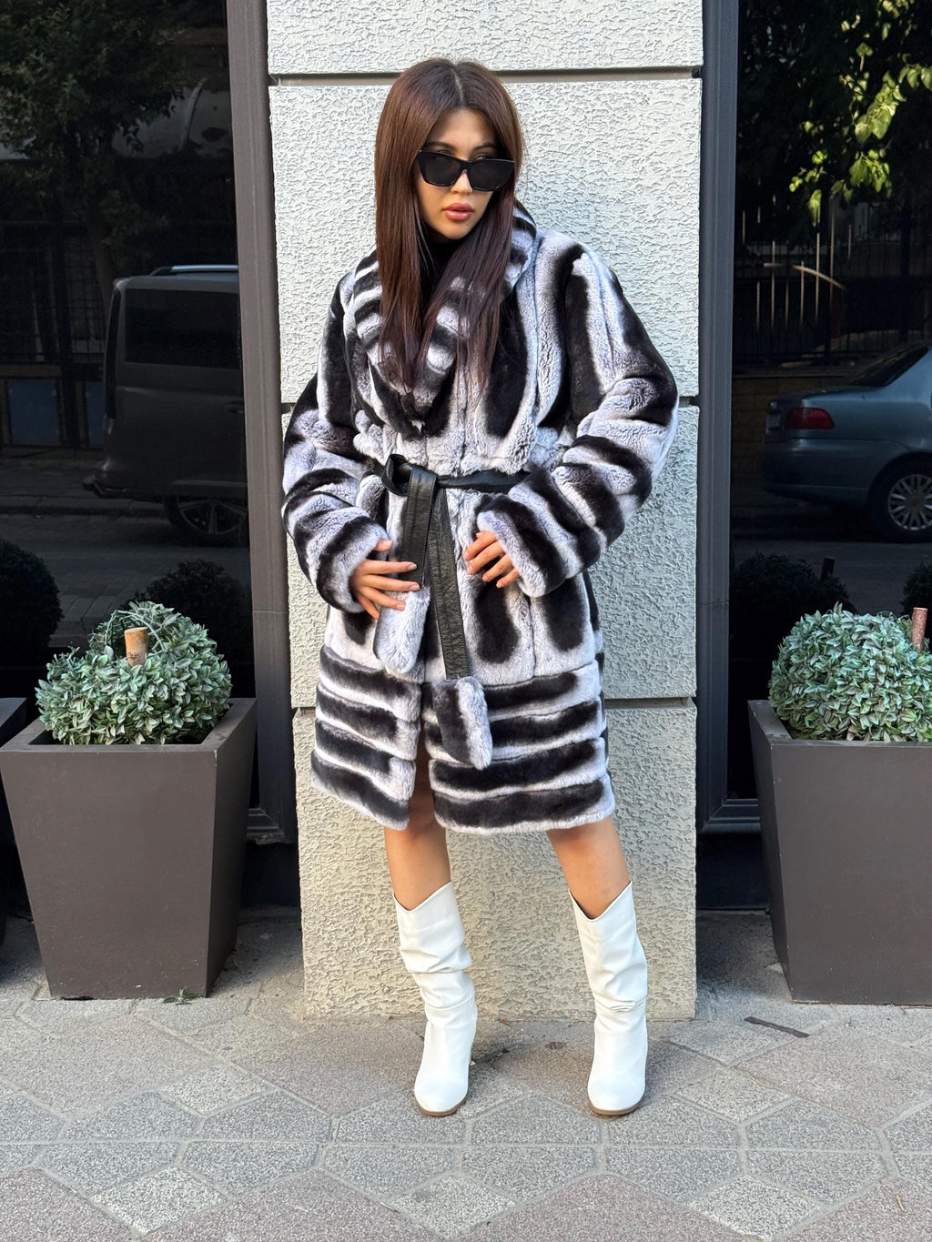 Gray Rex Fur Coat, Luxury Women’s Chinchilla Pattern Rabbit Fur Jacket
