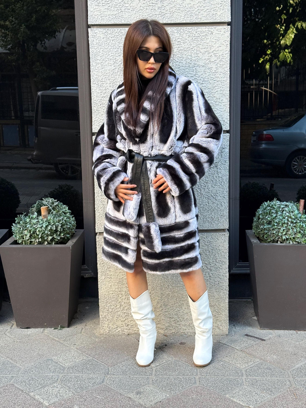 Gray Rex Fur Coat, Luxury Women’s Chinchilla Pattern Rabbit Fur Jacket