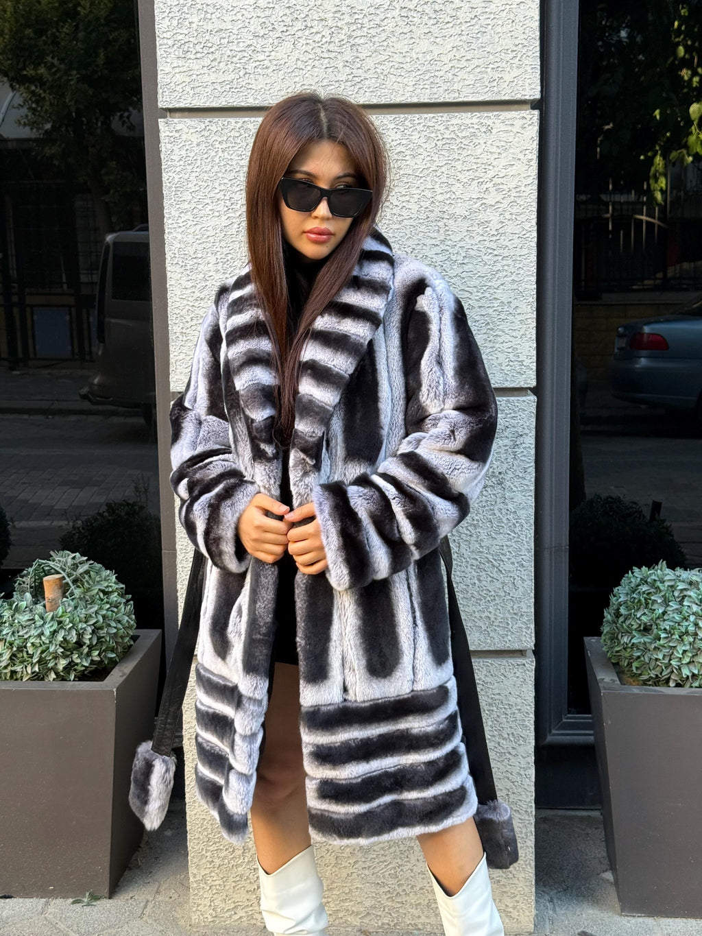 Gray Rex Fur Coat, Luxury Women’s Chinchilla Pattern Rabbit Fur Jacket