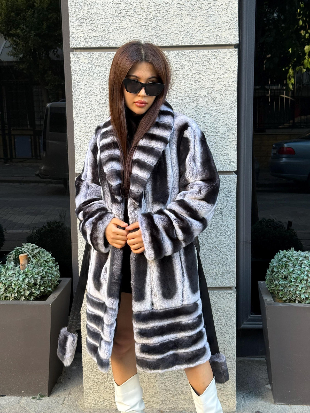 Gray Rex Fur Coat, Luxury Women’s Chinchilla Pattern Rabbit Fur Jacket
