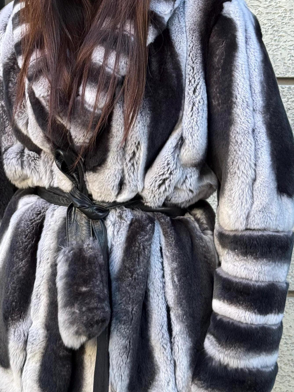 Gray Rex Fur Coat, Luxury Women’s Chinchilla Pattern Rabbit Fur Jacket