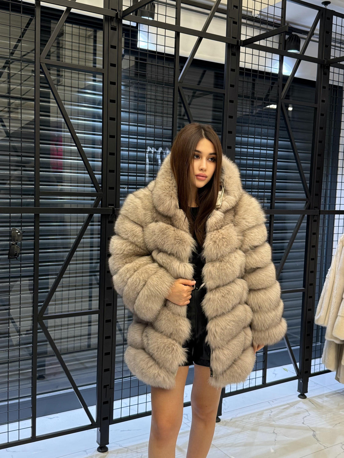 Women’s Beige Fox Fur Jacket, Luxury Hooded Fur Coat With Detachable Sleeves