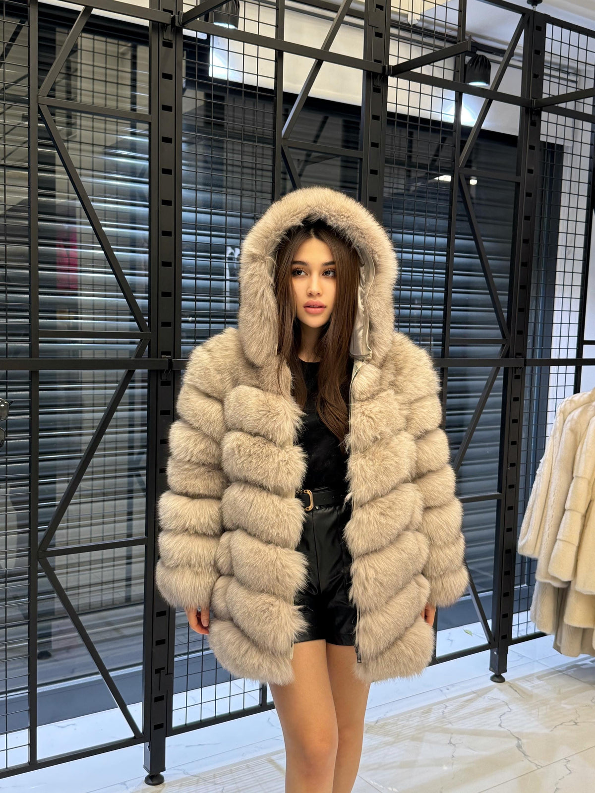 Women’s Beige Fox Fur Jacket, Luxury Hooded Fur Coat With Detachable Sleeves