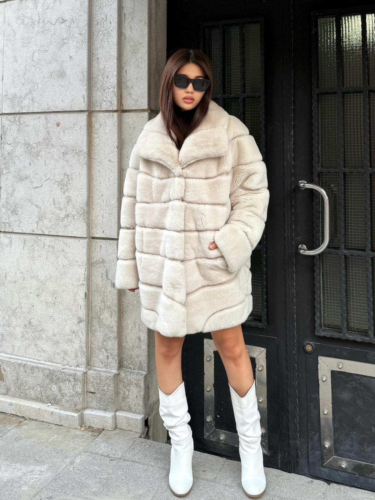 Women’s Beige Rex Fur Jacket, Luxury Handmade Short Rabbit Fur Coat