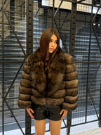 Sable Brown Fox Fur Jacket: Short With Detachable Sleeves Fur Coat For Women