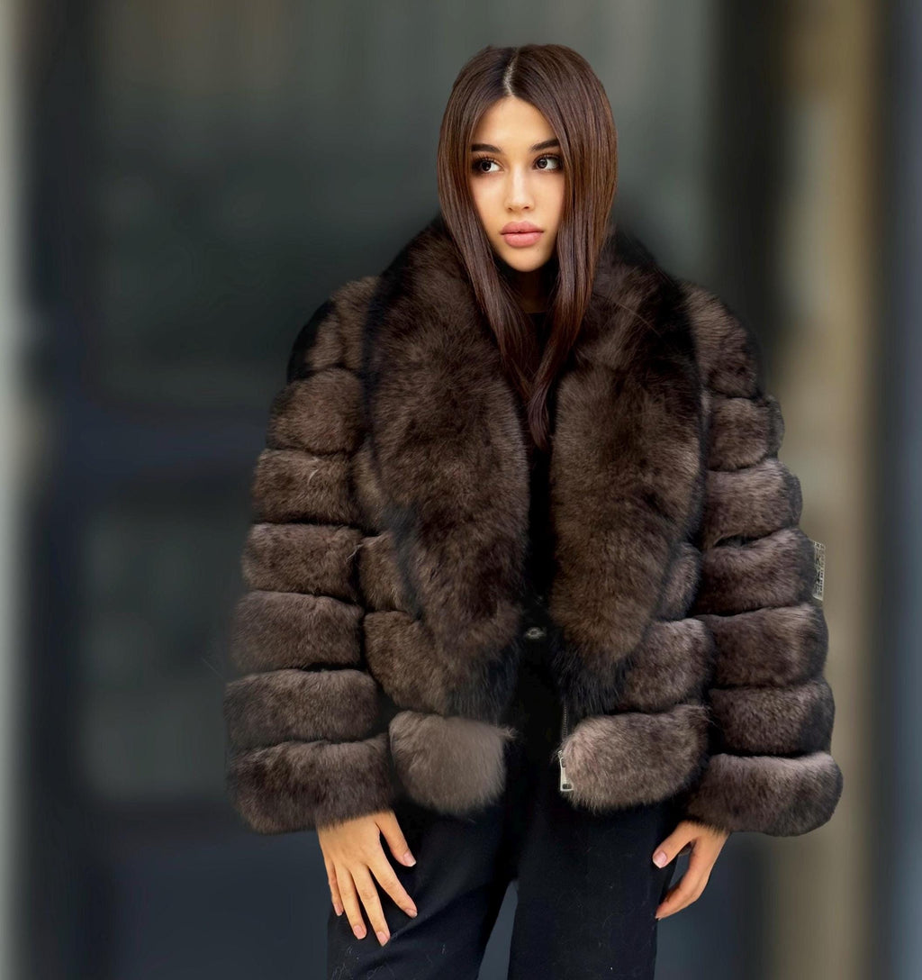 Sable Brown Fox Fur Jacket: Short With Detachable Sleeves Fur Coat For Women