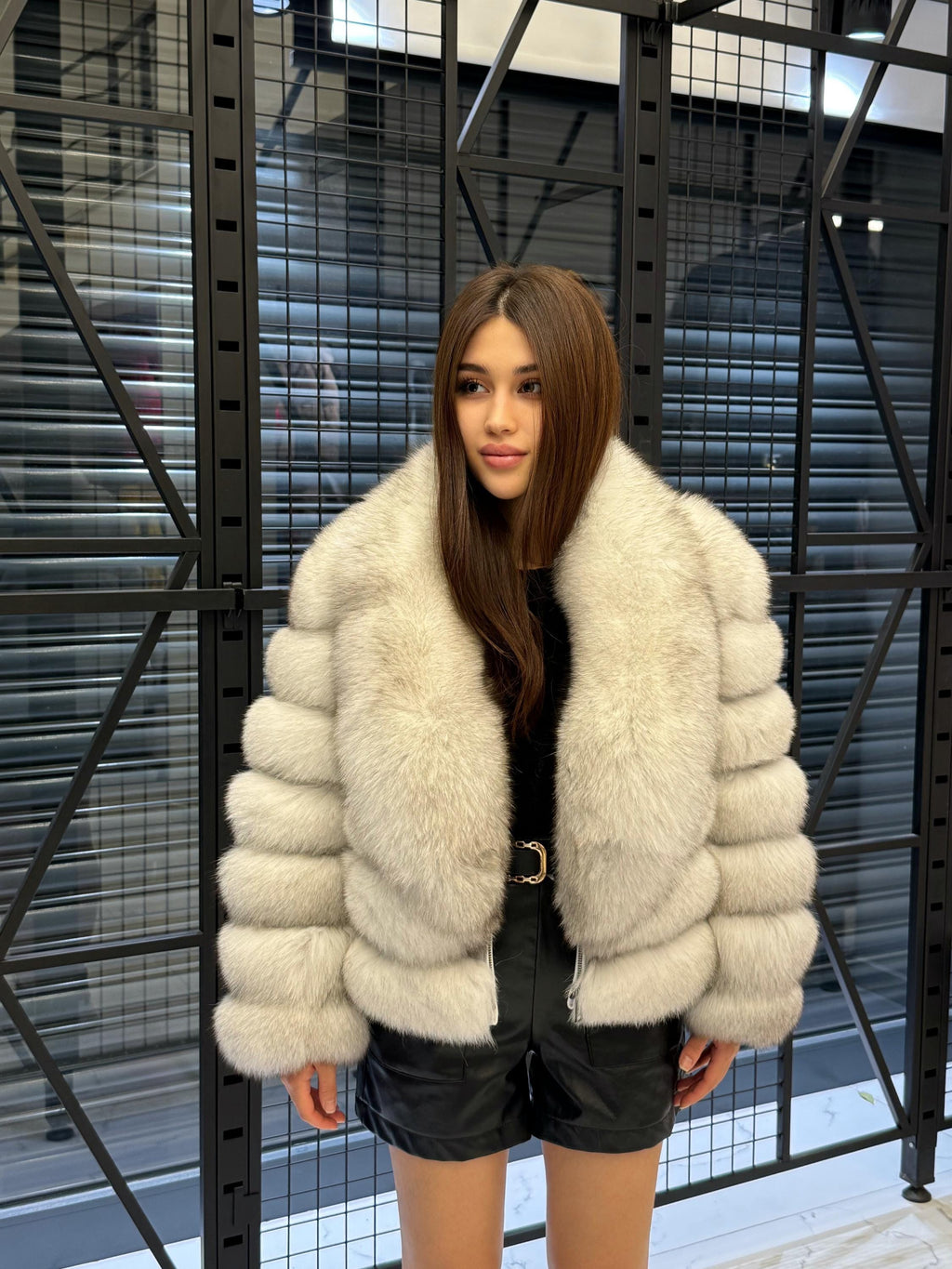 Women’s White Fox Fur Jacket, Handmade Detachable Sleeves Short Fur Coat