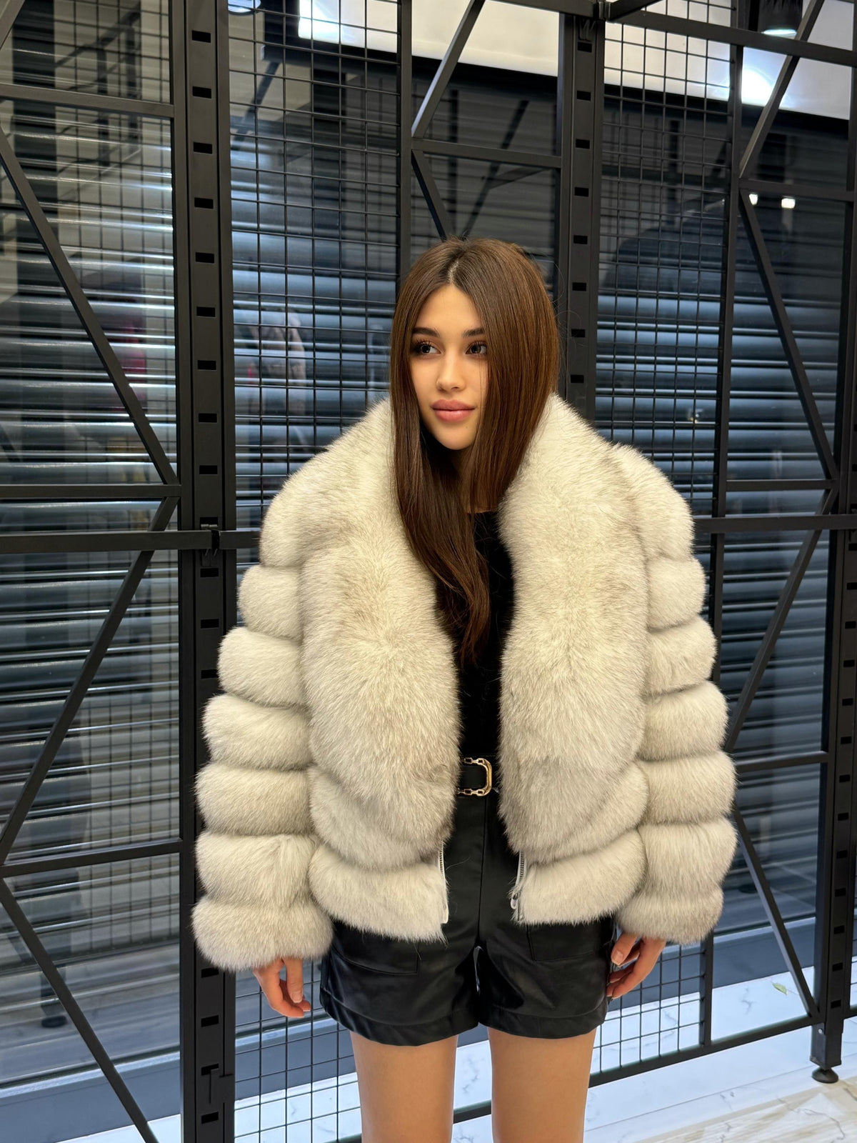 Women’s White Fox Fur Jacket, Handmade Detachable Sleeves Short Fur Coat
