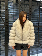 Women’s White Fox Fur Jacket, Handmade Detachable Sleeves Short Fur Coat