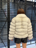 Women’s White Fox Fur Jacket, Handmade Detachable Sleeves Short Fur Coat