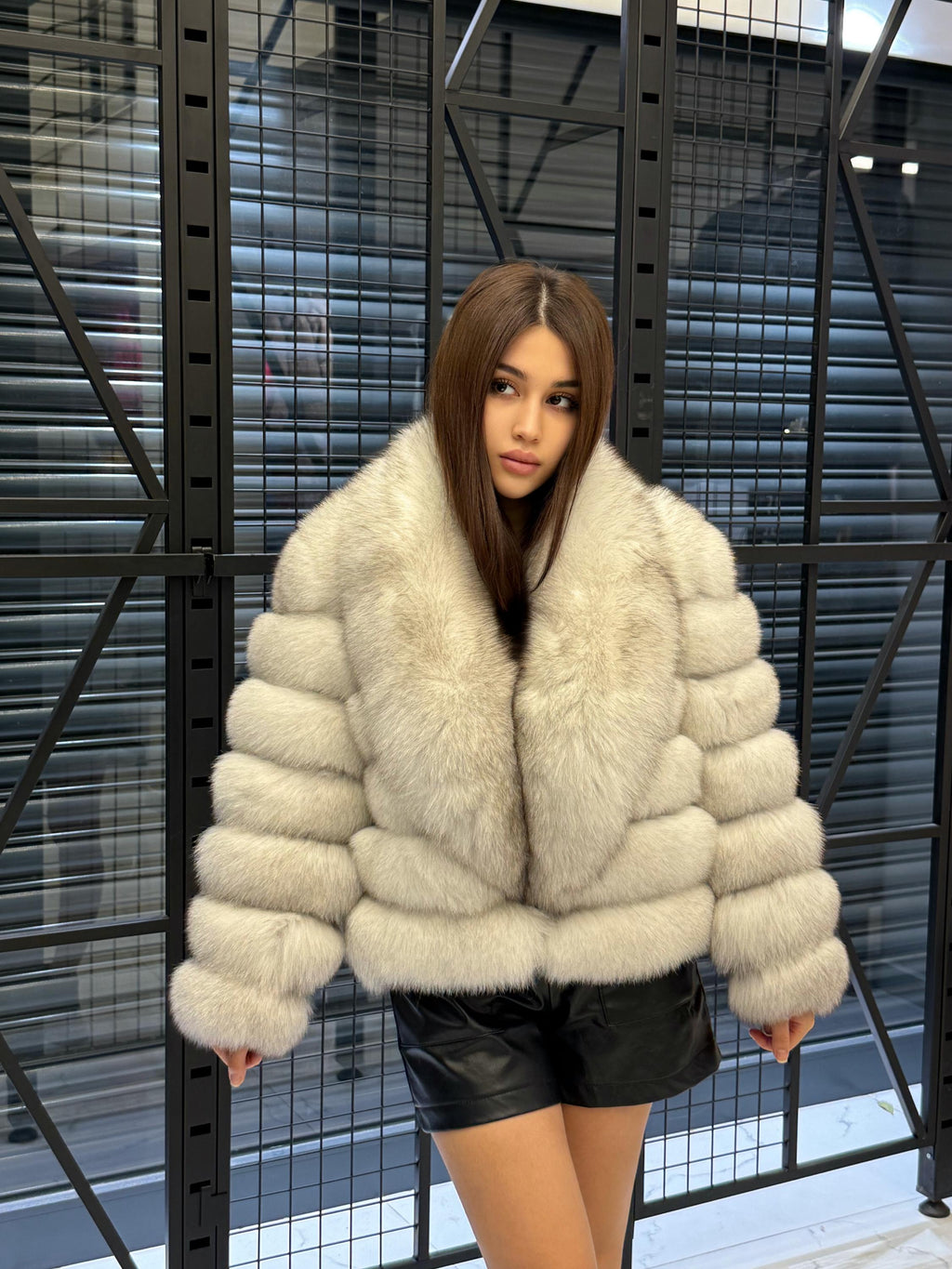Women’s White Fox Fur Jacket, Handmade Detachable Sleeves Short Fur Coat