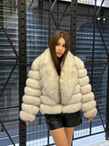 Women’s White Fox Fur Jacket, Handmade Detachable Sleeves Short Fur Coat
