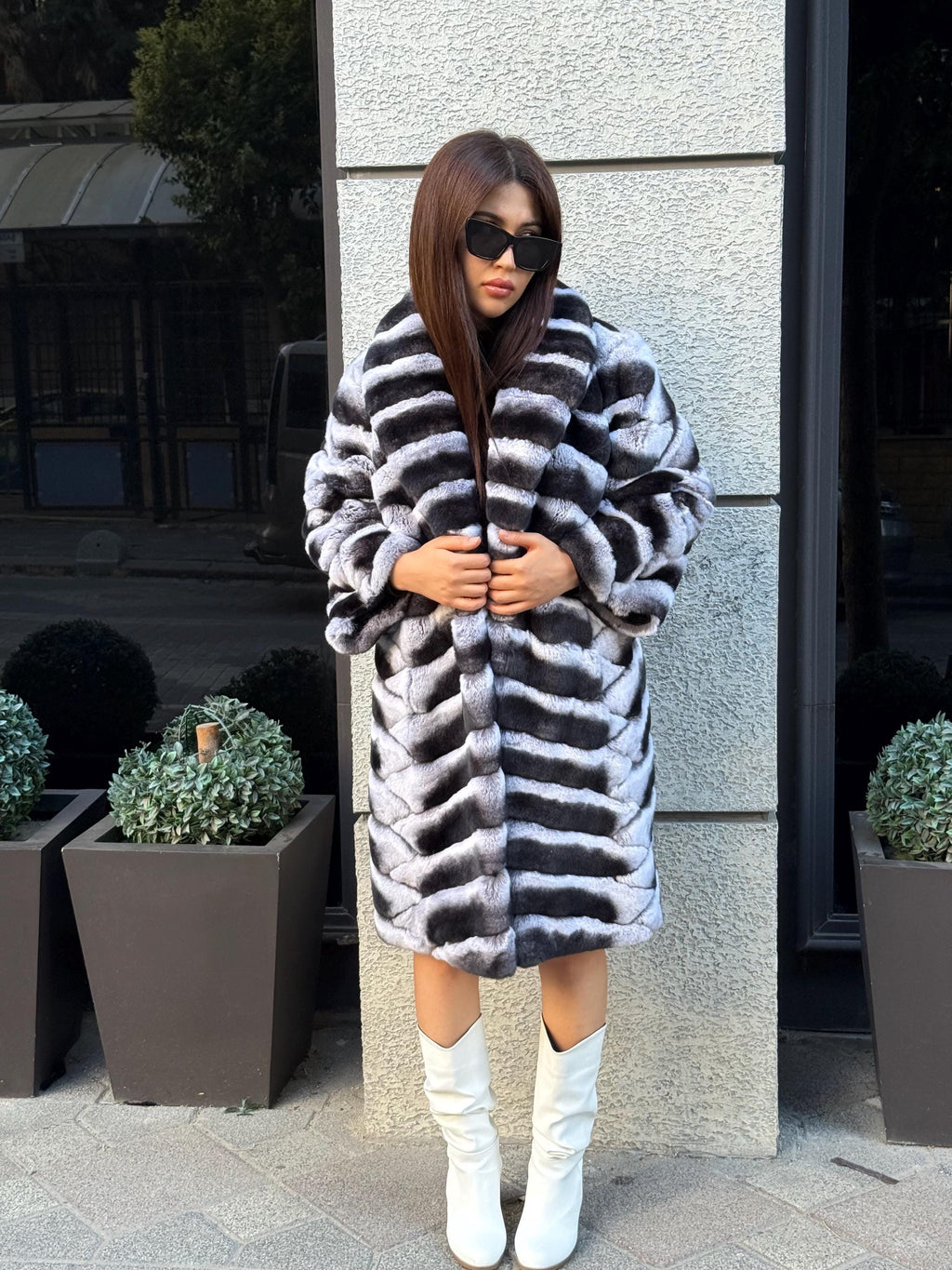 Handmade Rex Rabbit Fur Coat: Chinchilla Pattern Luxury Long Coat
