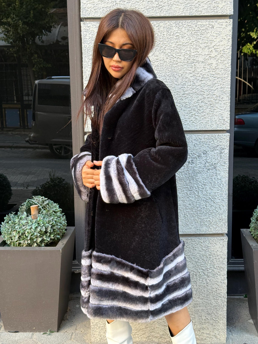 Black Flared Astrakhan Coat, Women’s Rex Rabbit Fur Trim Jacket
