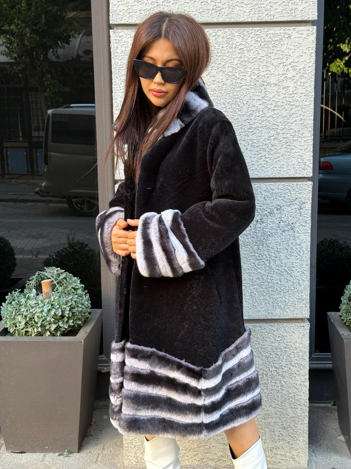 Black Flared Astrakhan Coat, Women’s Rex Rabbit Fur Trim Jacket