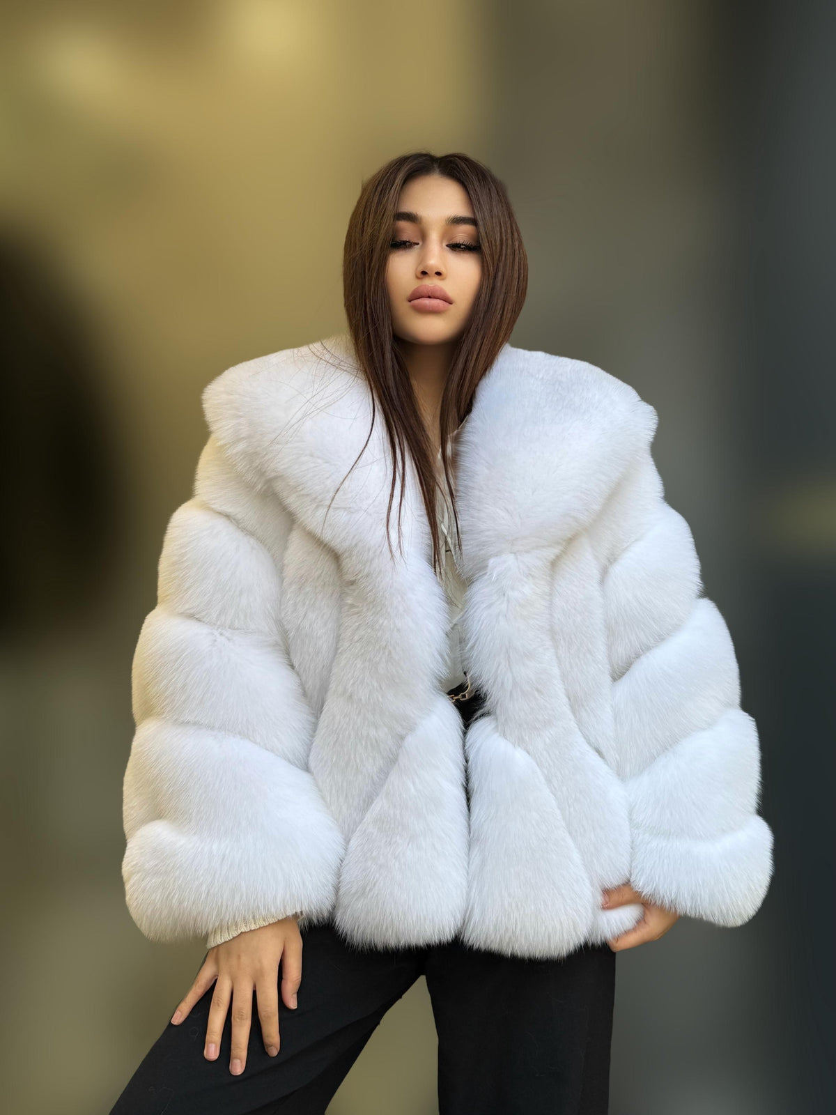 Shadow White Fox Fur Jacket, Handmade Short Fur Coat
