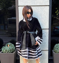 Black Flared Astrakhan Coat, Women’s Rex Rabbit Fur Trim Jacket