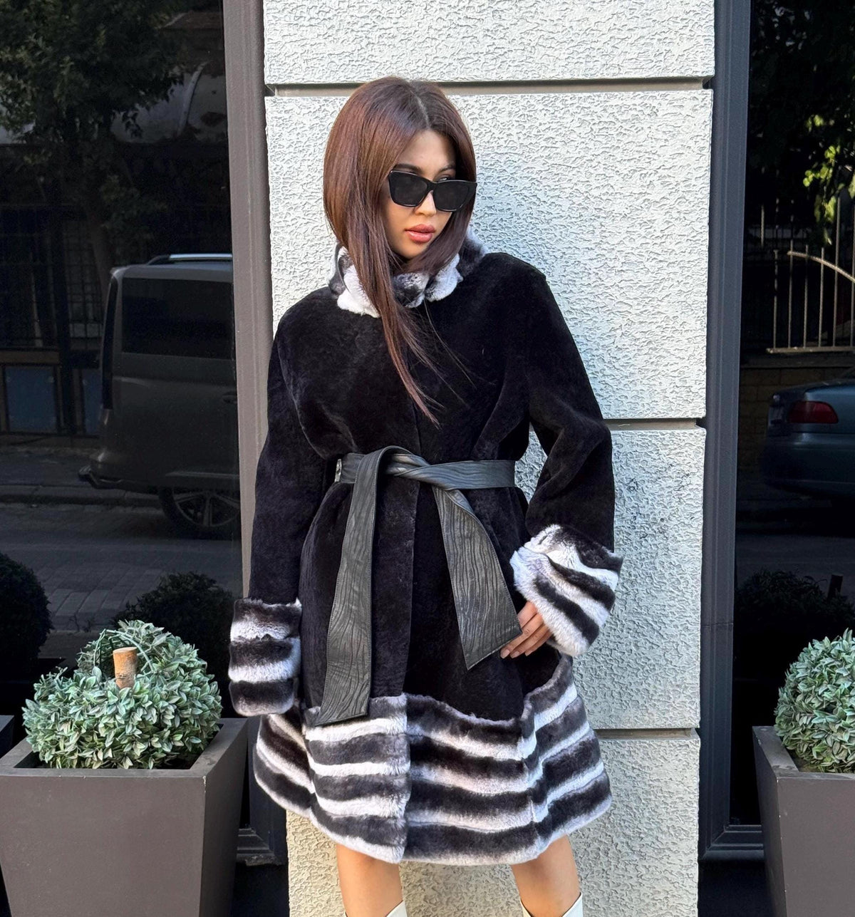 Black Flared Astrakhan Coat, Women’s Rex Rabbit Fur Trim Jacket