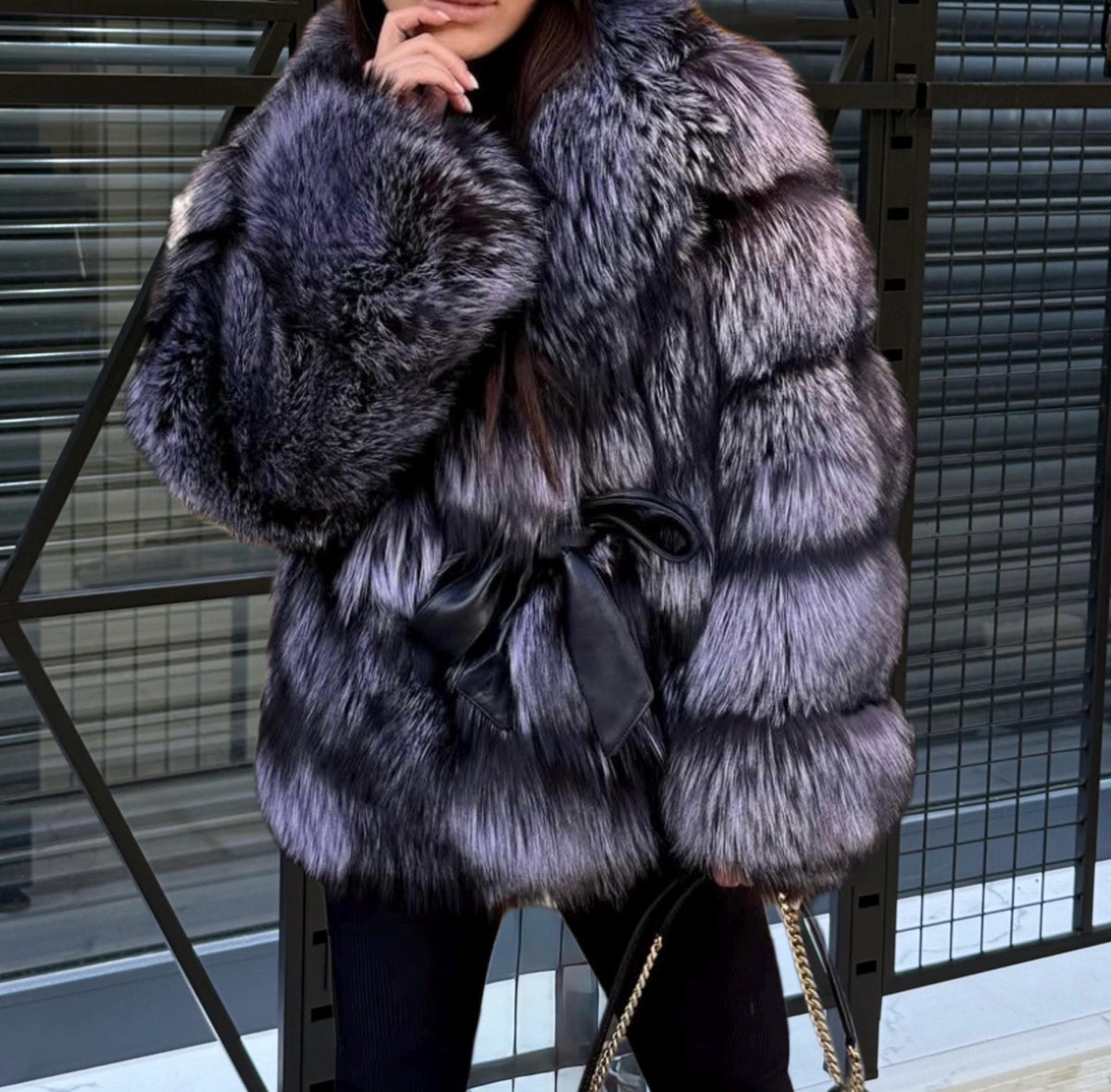 Silver Argentina Fox Fur Jacket, Women’s Luxury Short Belted Fur Jacket
