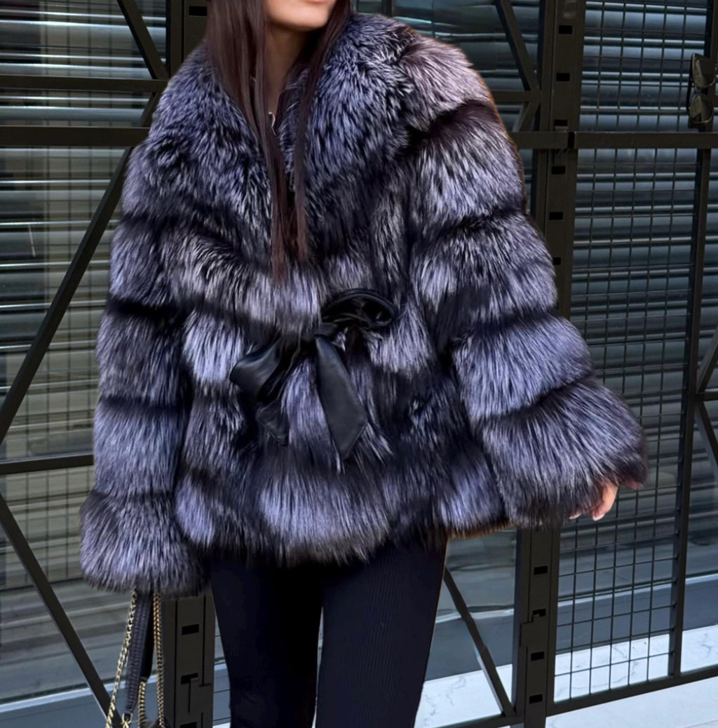 Silver Argentina Fox Fur Jacket, Women’s Luxury Short Belted Fur Jacket