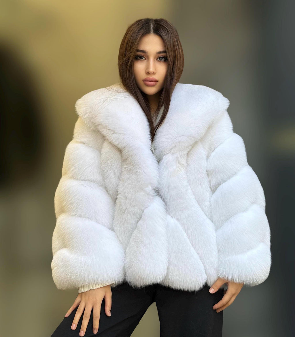 Shadow White Fox Fur Jacket, Handmade Short Fur Coat