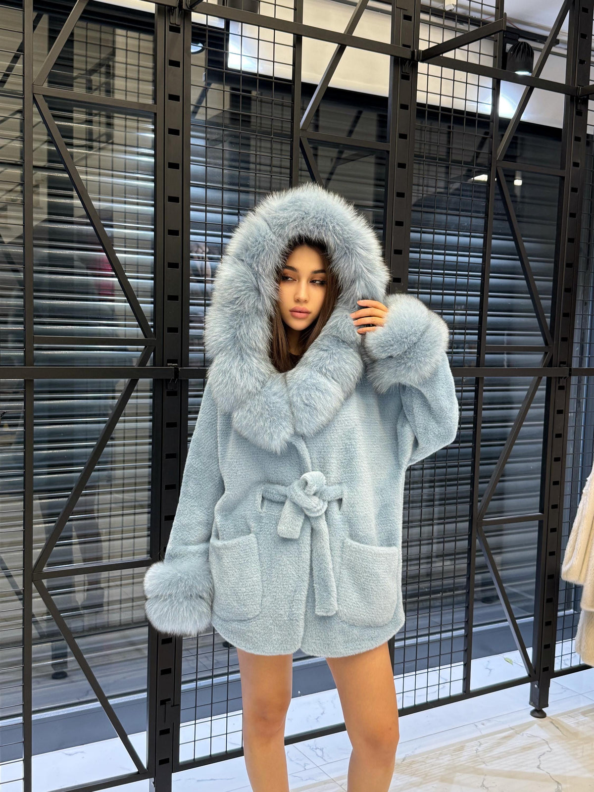 Luxury Sky Blue Alcantara Cape Coat with Fox Fur Hood & Cuffs | Women’s Winter Fox Fur Jacket