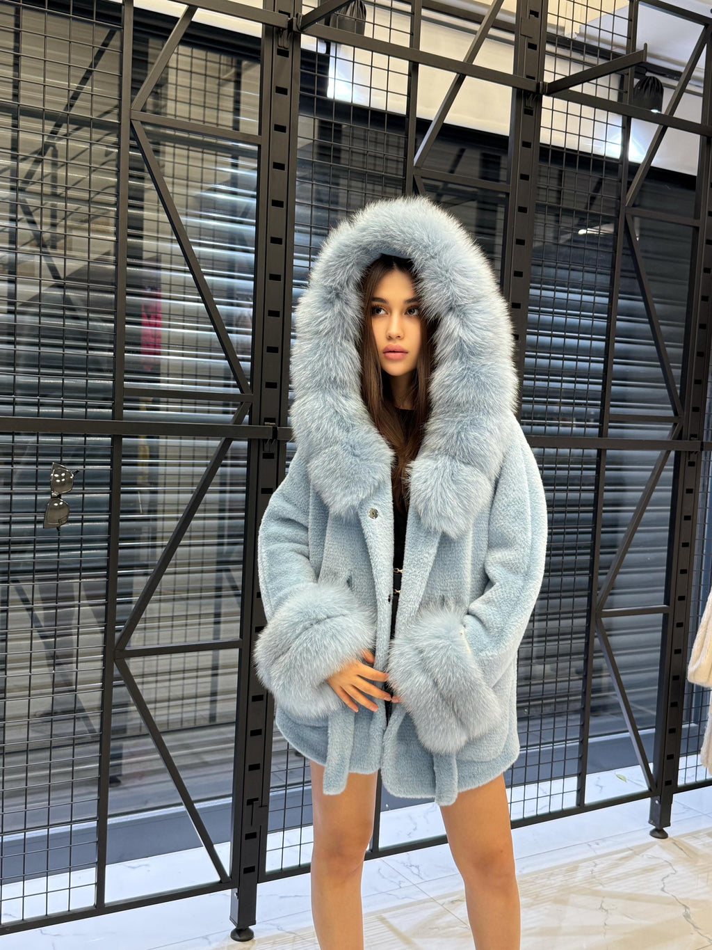 Luxury Sky Blue Alcantara Cape Coat with Fox Fur Hood & Cuffs | Women’s Winter Fox Fur Jacket