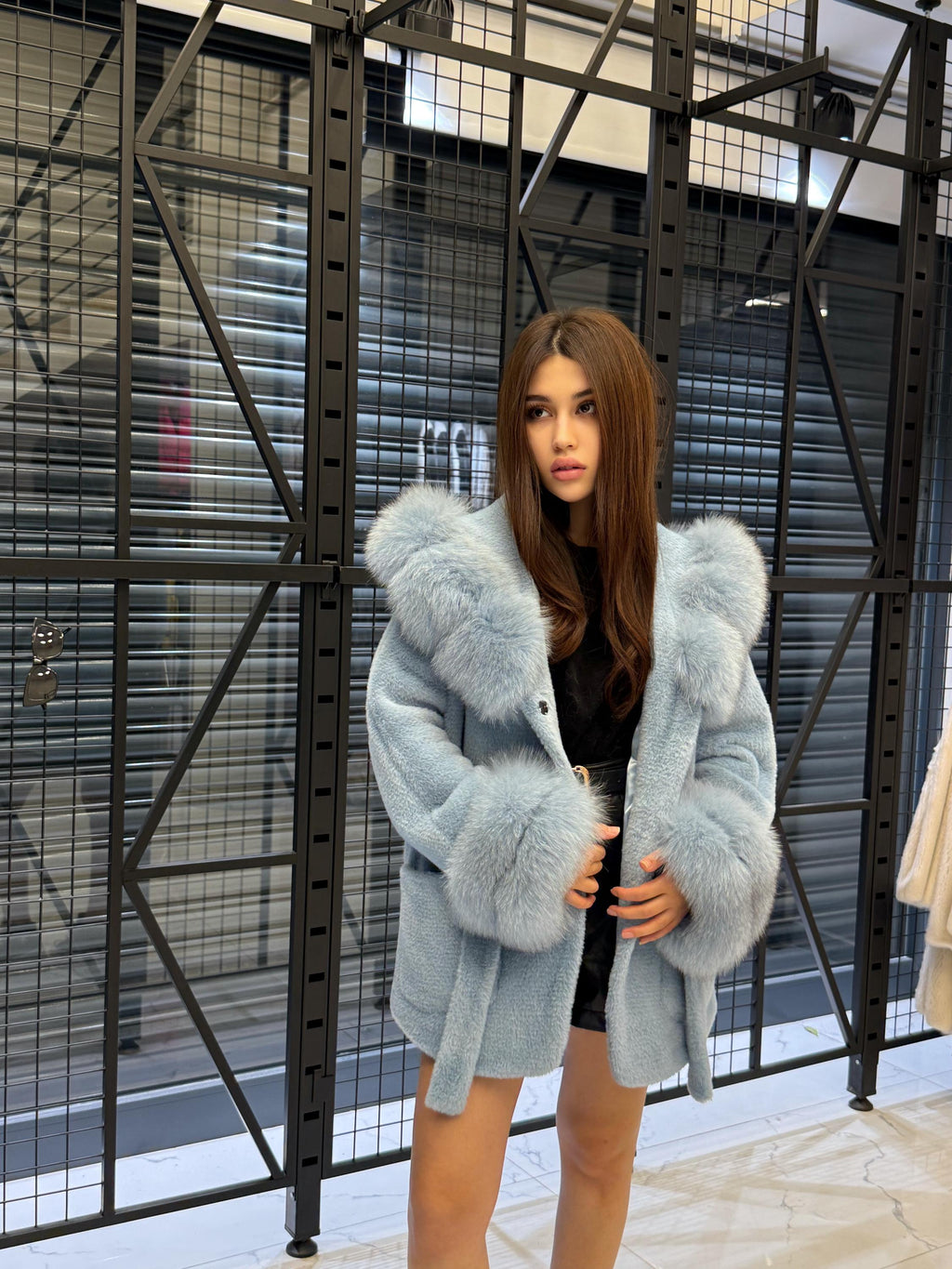 Luxury Sky Blue Alcantara Cape Coat with Fox Fur Hood & Cuffs | Women’s Winter Fox Fur Jacket