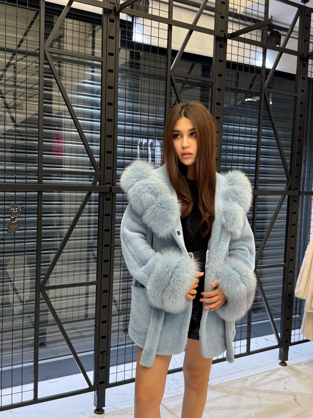 Luxury Sky Blue Alcantara Cape Coat with Fox Fur Hood & Cuffs | Women’s Winter Fox Fur Jacket