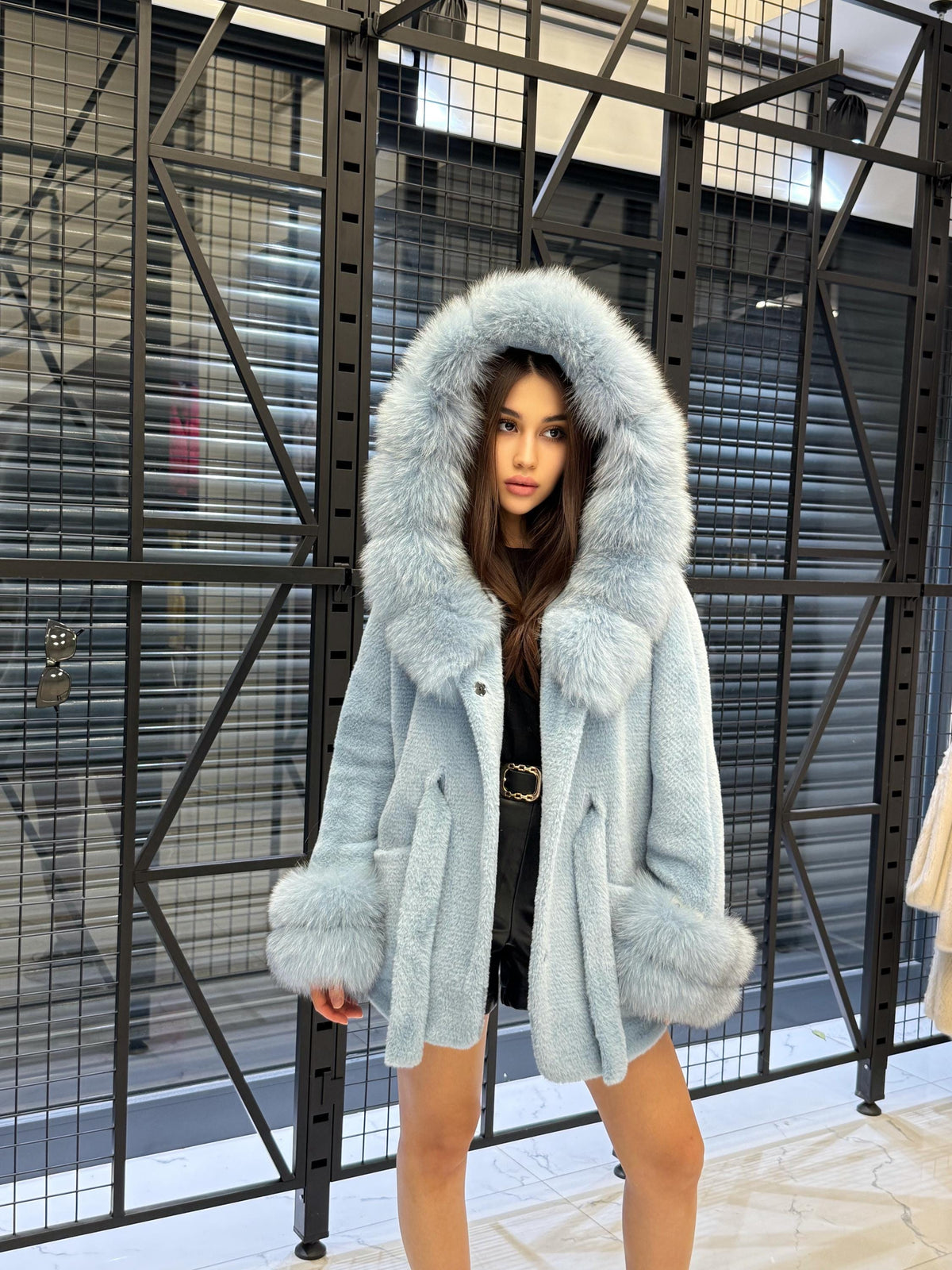 Luxury Sky Blue Alcantara Cape Coat with Fox Fur Hood & Cuffs | Women’s Winter Fox Fur Jacket