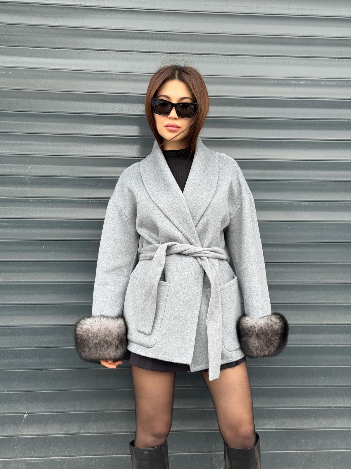 Gray Short Alpaca Wool Coat, Women Fox Fur Jacket. - Cuffs Fox Fur Jacket ..- Fox Fur