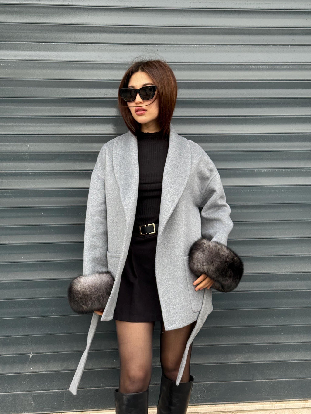 Gray Short Alpaca Wool Coat, Women Fox Fur Jacket. - Cuffs Fox Fur Jacket ..- Fox Fur