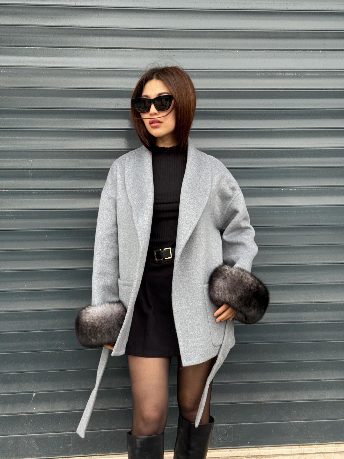 Gray Short Alpaca Wool Coat, Women Fox Fur Jacket. - Cuffs Fox Fur Jacket ..- Fox Fur