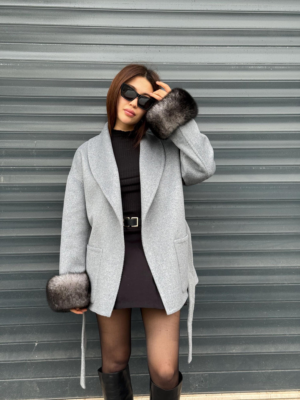 Gray Short Alpaca Wool Coat, Women Fox Fur Jacket. - Cuffs Fox Fur Jacket ..- Fox Fur