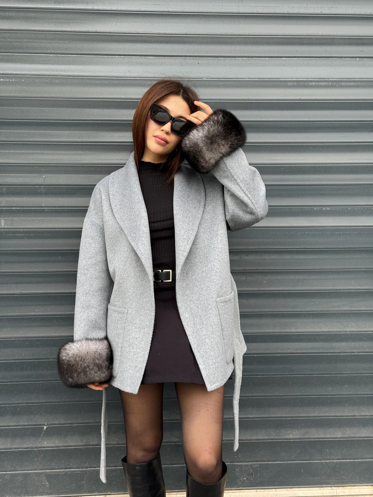 Gray Short Alpaca Wool Coat, Women Fox Fur Jacket. - Cuffs Fox Fur Jacket ..- Fox Fur