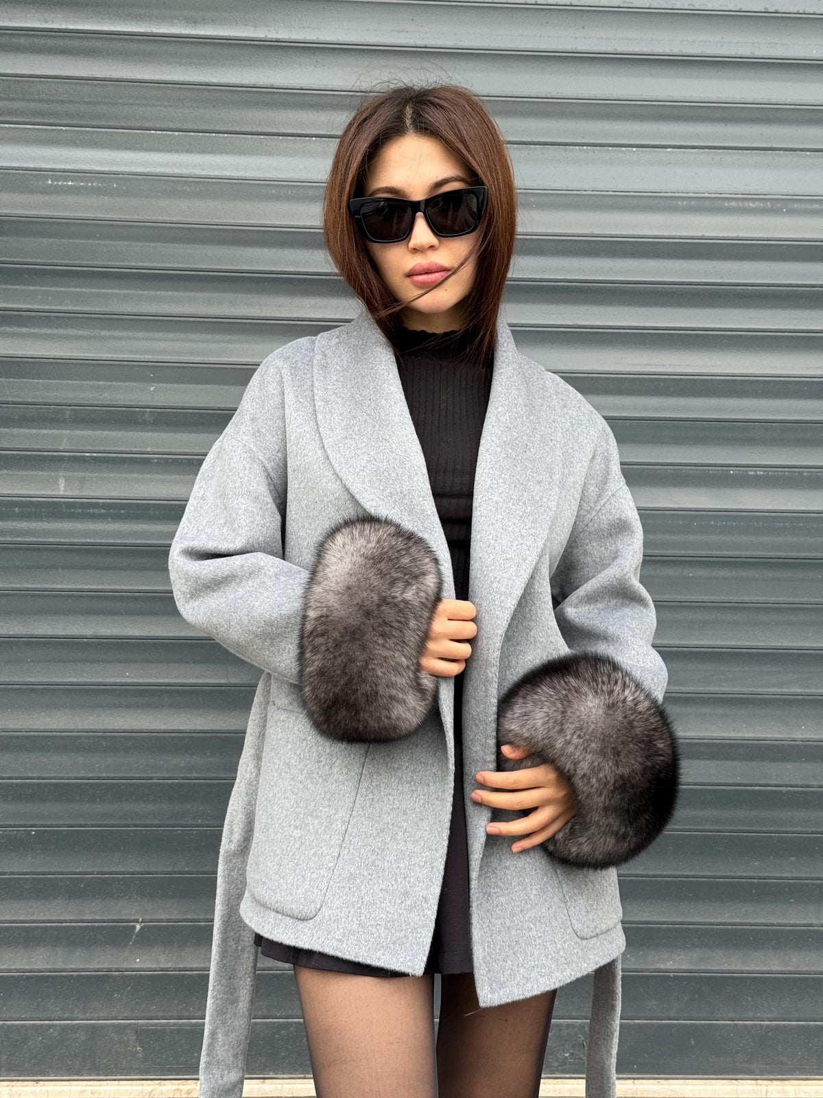 Gray Short Alpaca Wool Coat, Women Fox Fur Jacket. - Cuffs Fox Fur Jacket ..- Fox Fur