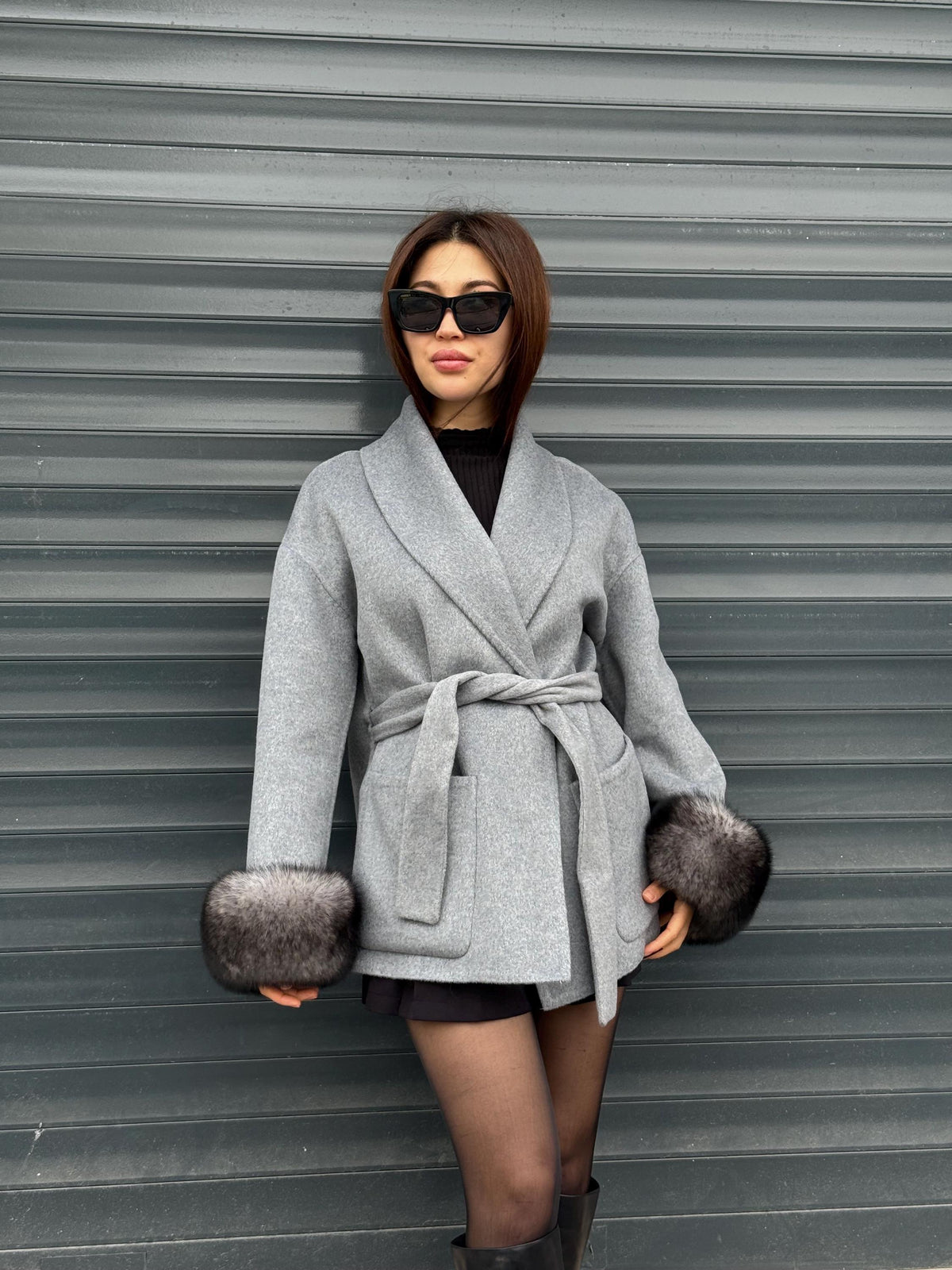Gray Short Alpaca Wool Coat, Women Fox Fur Jacket. - Cuffs Fox Fur Jacket ..- Fox Fur