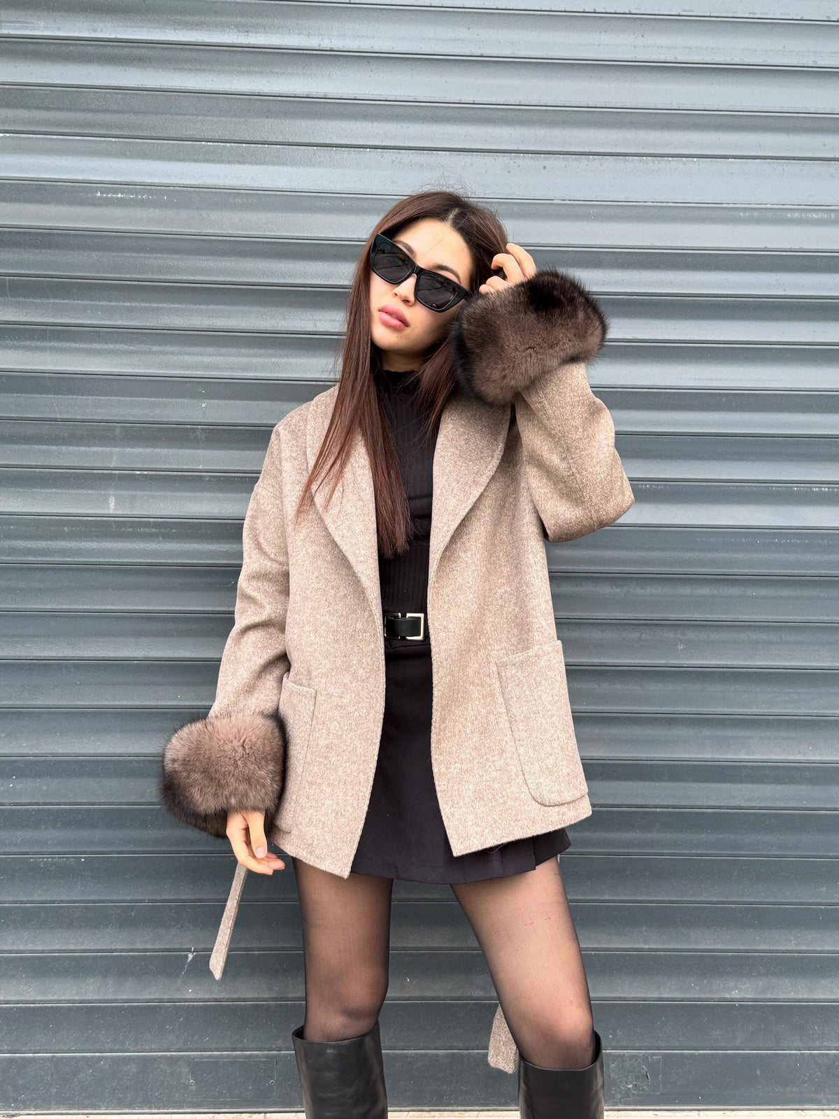 Beige Short Alpaca Wool Coat, Women Fox Fur Jacket. - Cuffs Fox Fur Jacket.. Soft Fox Fur.. Fox Fur