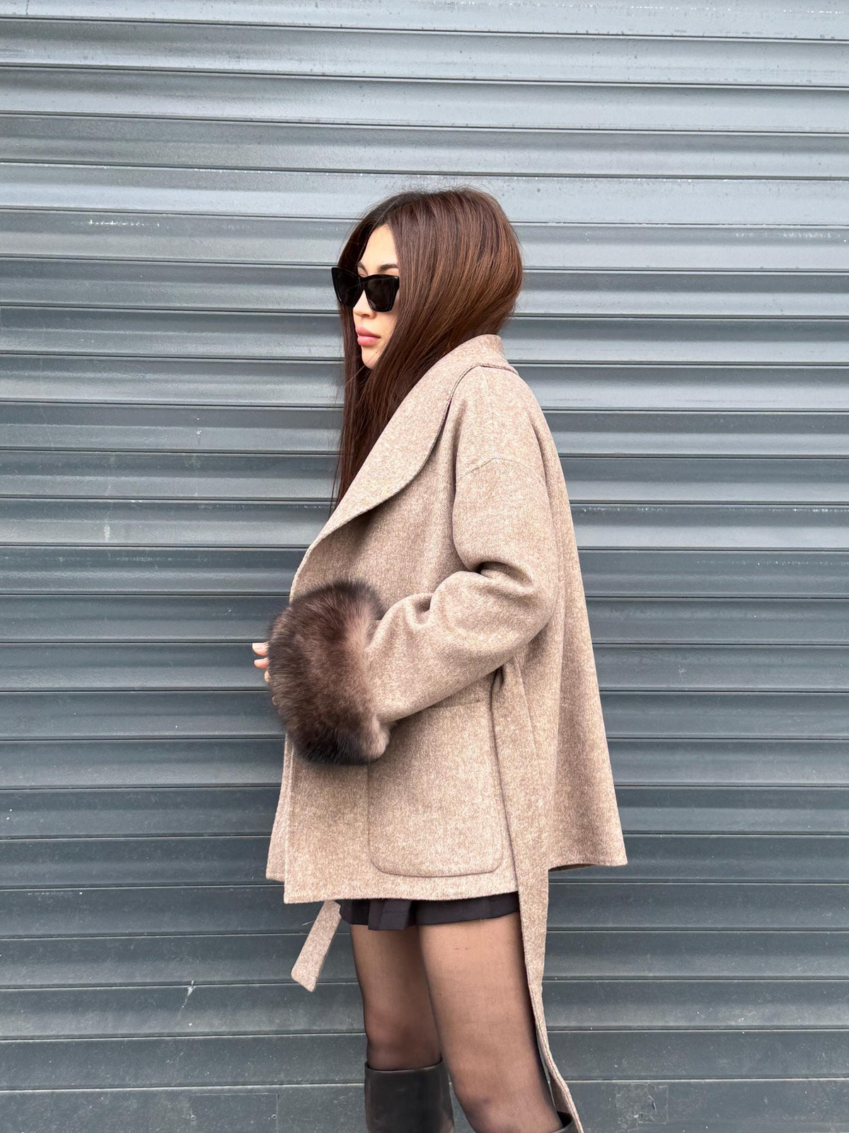 Beige Short Alpaca Wool Coat, Women Fox Fur Jacket. - Cuffs Fox Fur Jacket.. Soft Fox Fur.. Fox Fur